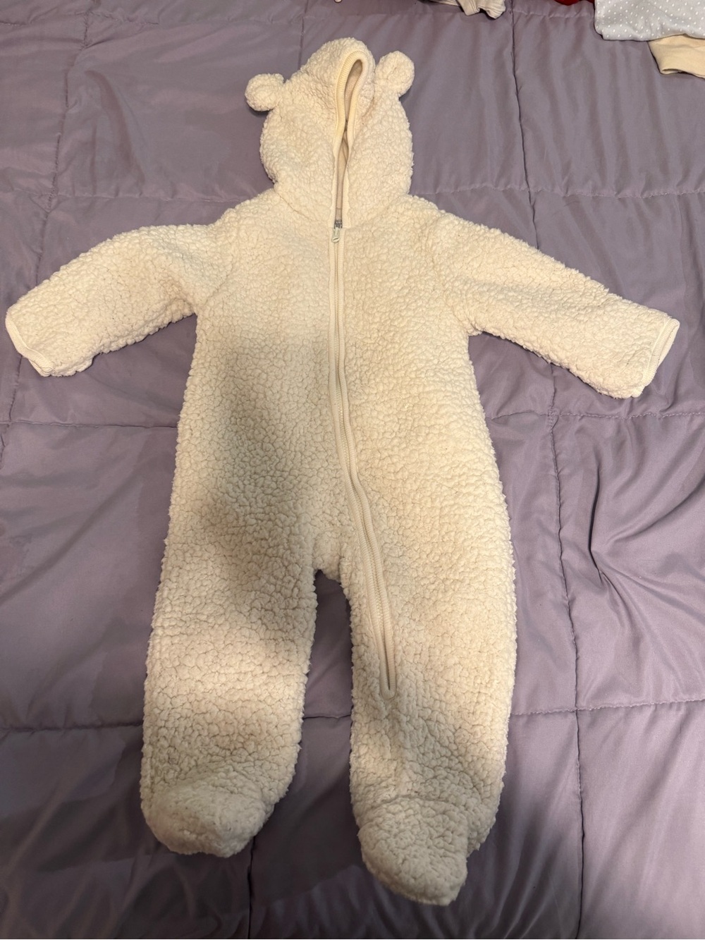 The Children's Place Baby Sherpa Bear Bunting Suit 6-9M Cream Hooded Footed